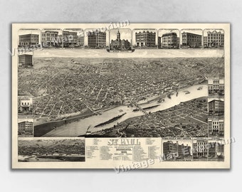 May include: A vintage black and white map of St. Paul, Minnesota, featuring detailed illustrations of buildings and the city layout. The map includes the text "St. Paul, Minnesota" and various labels.