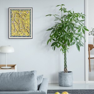 May include: A framed vintage map of Death Valley, California, with a yellow background and blue and black text. The map is titled "Death Valley and Its Surrounding Country" and is dated "1907". The map is hanging on a white wall in a modern living room.
