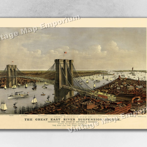 1885 NYC Brooklyn Bridge, New York Map - Panoramic Old City Map - Historic Birds Eye View Vintage Map Art Print