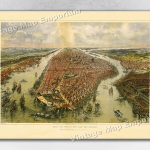 1865 New York City, New York Map - NYC Panoramic Old City Map - Historic Birds Eye View Vintage Map Art Print
