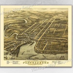 1877 Plattsburgh, New York Map - Panoramic Old City Map - Historic Birds Eye View Vintage Map Art Print