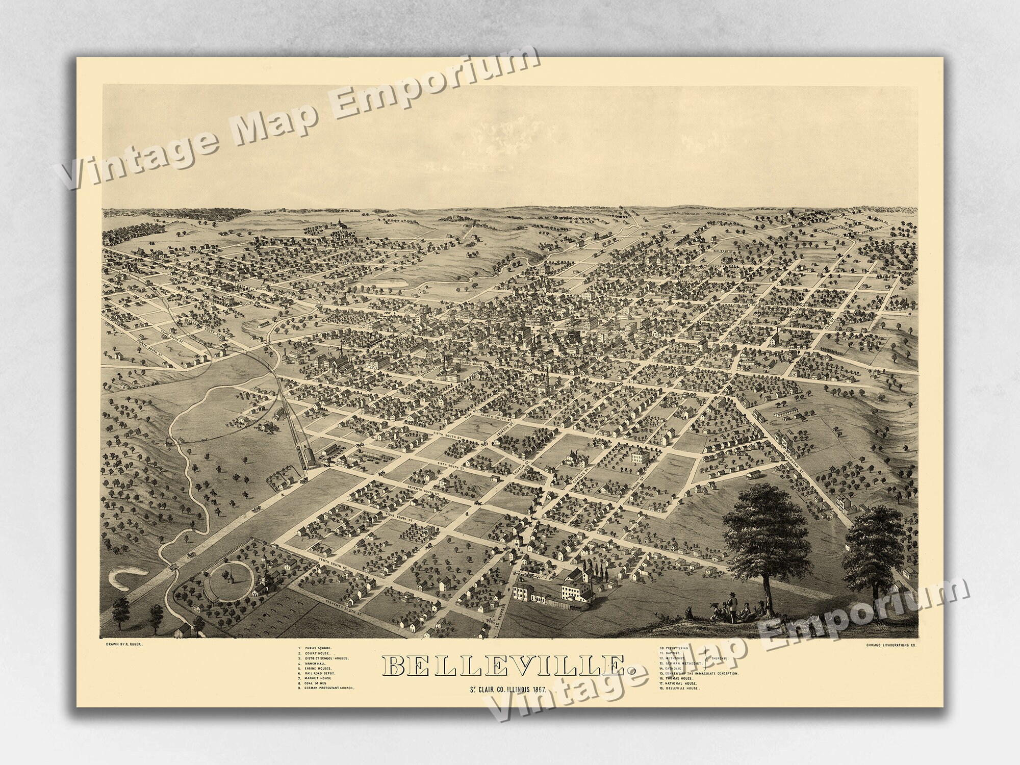 Map Of Belleville Illinois 1867 Belleville Illinois Map Panoramic Old City Map | Etsy