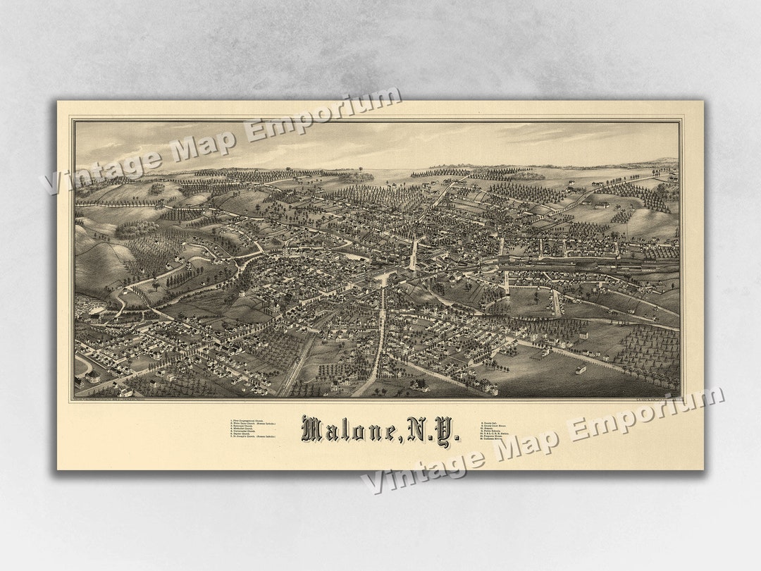 1886 Malone New York Map Panoramic Old City Map Historic Birds Eye View