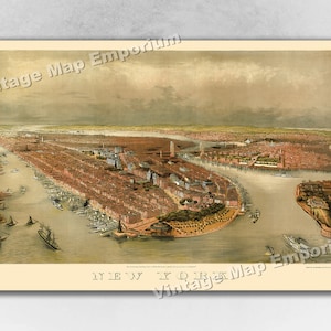 1874 New York City, New York Map - NYC Panoramic Old City Map - Historic Birds Eye View Vintage Map Art Print