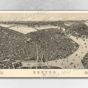 1899 Boston, Massachusetts Map - Panoramic Old City Map - Historic Birds Eye View Vintage Map Art Print