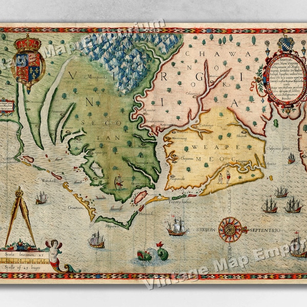 1590 John White’s Virginia Historic Vintage Style Unique Wall Map - Art Print Poster