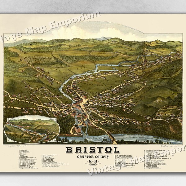 1884 Bristol, New Hampshire Map - Panoramic Old City Map - Historic Birds Eye View Vintage Map Art Print