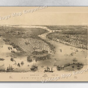 1851 New York City, New York Map - NYC Panoramic Old City Map - Historic Birds Eye View Vintage Map Art Print