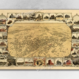 1901 Fresno, California Old Panoramic City Map - Historic Birds Eye View Vintage Map Art Print