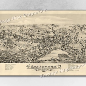 1884 Arlington, Massachusetts Map - Panoramic Old City Map - Historic Birds Eye View Vintage Map Art Print