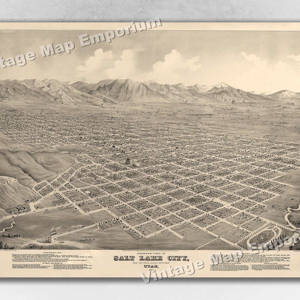 1875 Salt Lake City, Utah Map - Panoramic Old City Map - Historic Birds Eye View Vintage Map Art Print