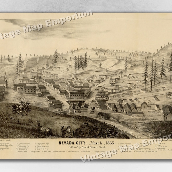 1855 Nevada City, California Old Panoramic City Map - Historic Birds Eye View Vintage Map Art Print