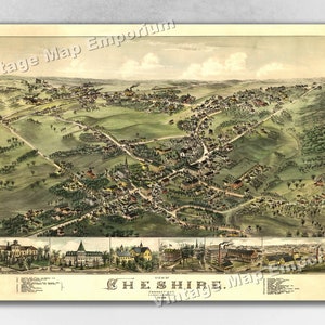 May include: An antique bird's-eye view map of Cheshire, Connecticut, from 1884. The map shows the town's layout with roads, buildings, and surrounding countryside. The map is printed in a vintage style with detailed illustrations and text.