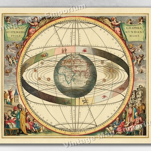 1660 Celestial Map Print Plate 2 - &quot;Ptolemaic Cosmography&quot; by Andreas Cellarius - Harmonia Macrocosmica - Vintage Map Print