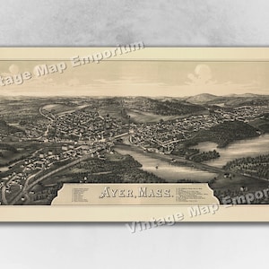 1886 Ayer, Massachusetts Map - Panoramic Old City Map - Historic Birds Eye View Vintage Map Art Print