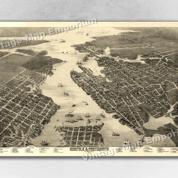 1873 Norfolk Portsmouth, Virginia Map - Panoramic Old City Map - Historic Birds Eye View Vintage Map Art Print