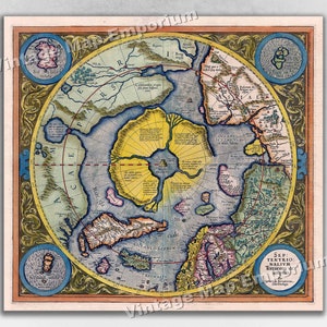 1595 Flat Earth Map - Septentrionalium Terrarum North Pole Wall Art Vintage Map Poster Globe