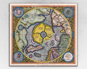 1595 Flat Earth Map - Septentrionalium Terrarum North Pole Wall Art Vintage Map Poster Globe