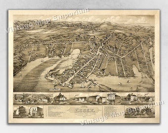 Op de afbeelding: Een antieke kaart van Essex, Connecticut, uit 1884. De kaart toont de straten, gebouwen en waterwegen van de stad. De kaart is in zwart-wit en heeft een vintage uitstraling.