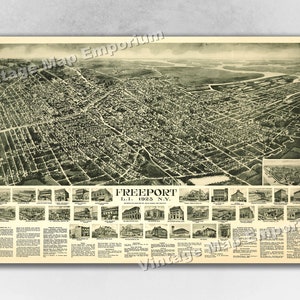 May include: An aerial view of Freeport, Long Island, New York, from 1925. The map shows the city's streets, buildings, and waterways. The map also includes a key with descriptions of various businesses and landmarks.