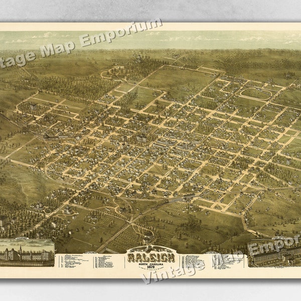 1872 Raleigh, North Carolina Map - Panoramic Old City Map - Historic Birds Eye View Vintage Map Art Print