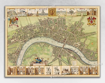 1688 Map of London - Hollar's Historic City Plan of Early London England - Vintage Old World Wall Map Art Print Poster