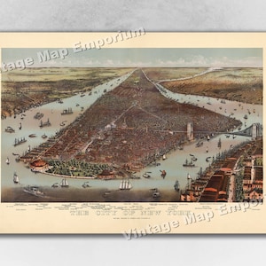 1892 New York City, New York Map - NYC Panoramic Old City Map - Historic Birds Eye View Vintage Map Art Print