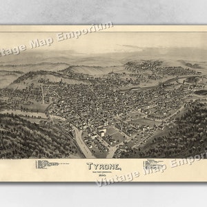 1895 Tyrone, Pennsylvania Map - Panoramic Old City Map - Historic Birds Eye View Vintage Map Art Print