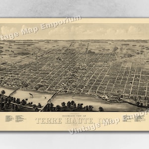 1880 Terre Haute, Indiana Map - Panoramic Old City Map - Historic Birds Eye View Vintage Map Art Print