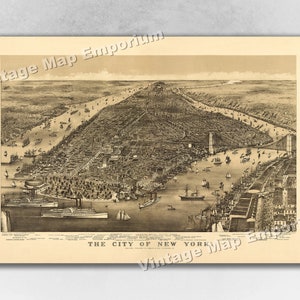 1886 New York City, New York Map - NYC Panoramic Old City Map - Historic Birds Eye View Vintage Map Art Print