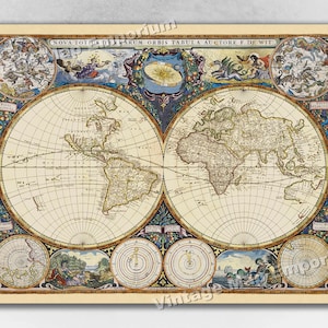 1660 Map of the World - Frederik de Wit Vintage World Celestial Historic Elemental Map - Vintage Old World Wall Map Art Print Poster