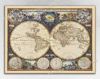 1660 Map of the World - Frederik de Wit Vintage World Celestial Historic Elemental Map - Vintage Old World Wall Map Art Print Poster