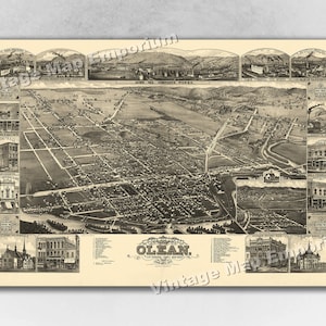 1882 Olean, New York Map - Panoramic Old City Map - Historic Birds Eye View Vintage Map Art Print