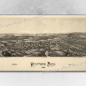 1886 Westford, Massachusetts Map - Panoramic Old City Map - Historic Birds Eye View Vintage Map Art Print