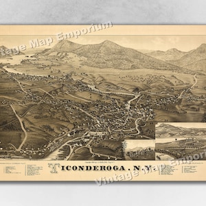 1884 Ticonderoga, New York Map - Panoramic Old City Map - Historic Birds Eye View Vintage Map Art Print