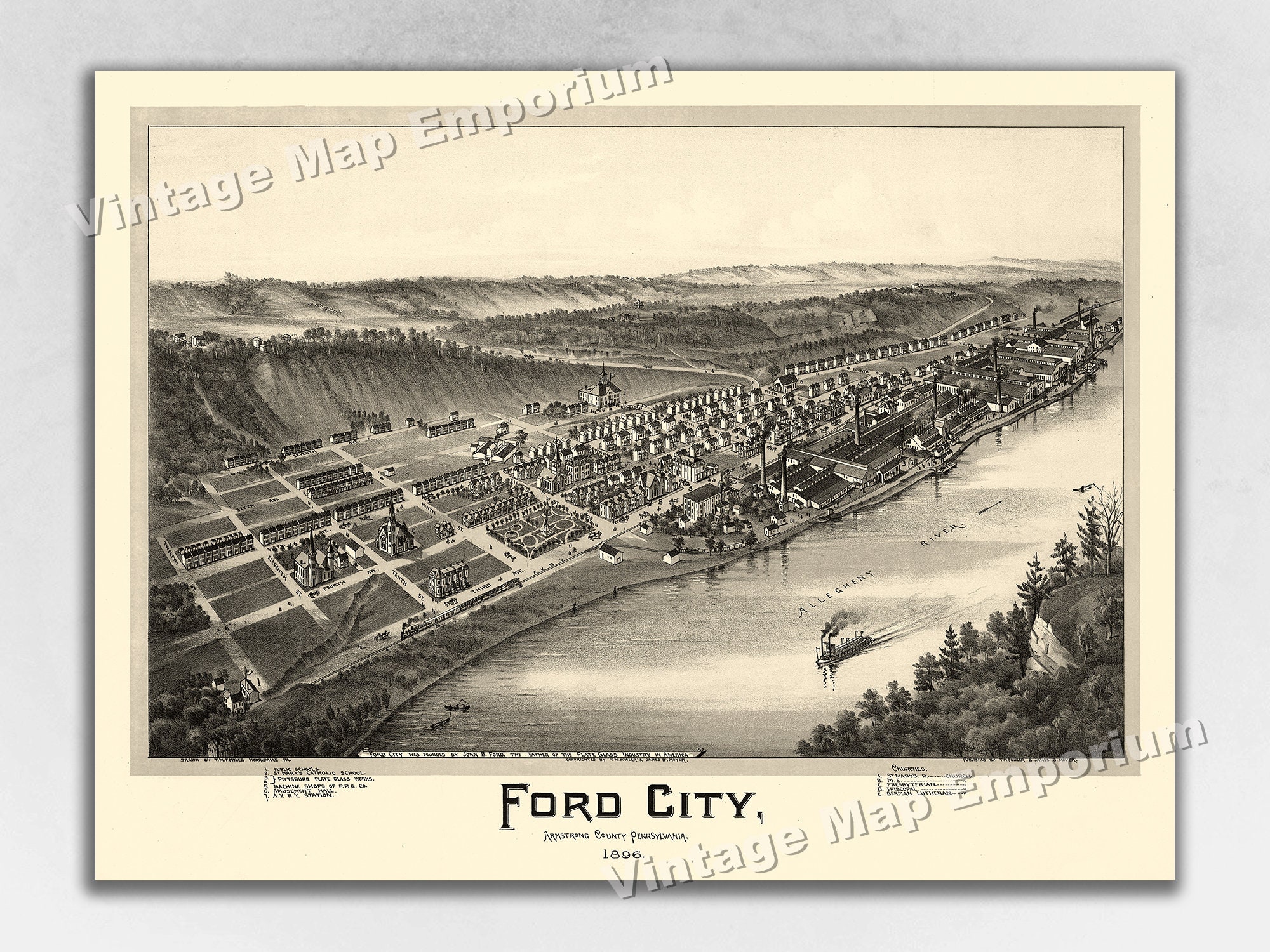 1896 Ford City, Pennsylvania Map - Panoramic Old City Map
