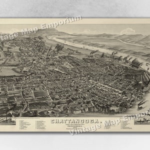 1886 Chattanooga, Tennessee Map - Panoramic Old City Map - Historic Birds Eye View Vintage Map Art Print