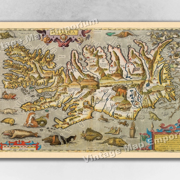 1590 Map of Iceland - Illustrated Vintage Map by Abraham Ortelius - Sea Monsters - Old World Wall Map Art Print Poster