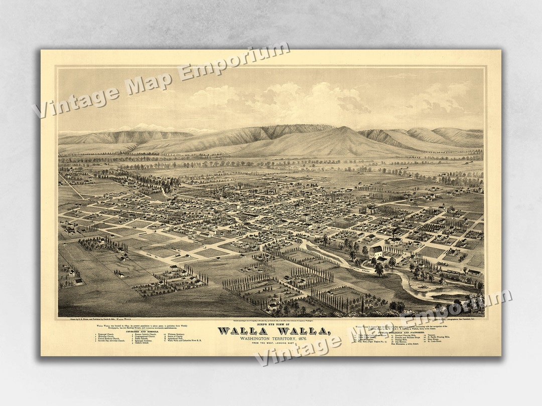 1876 Walla Walla, Washington Map - Panoramic Old City Map - Historic ...