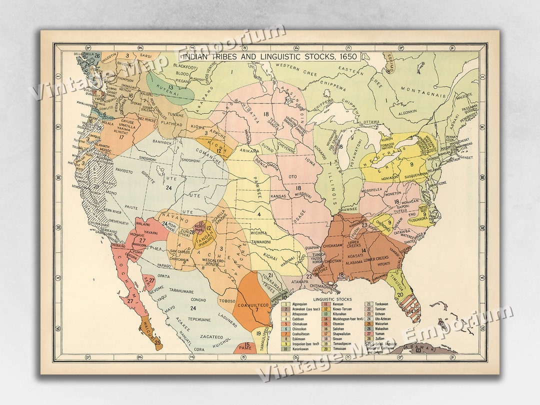 US Map of Native American Indian Tribes & Linguistic Stocks 1650