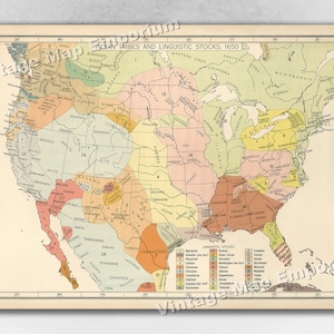 May include: A vintage map of North America showing the locations of different Native American tribes and their linguistic stocks in 1650. The map is color-coded to show the different language families. The map is titled "Indian Tribes and Linguistic Stocks, 1650".