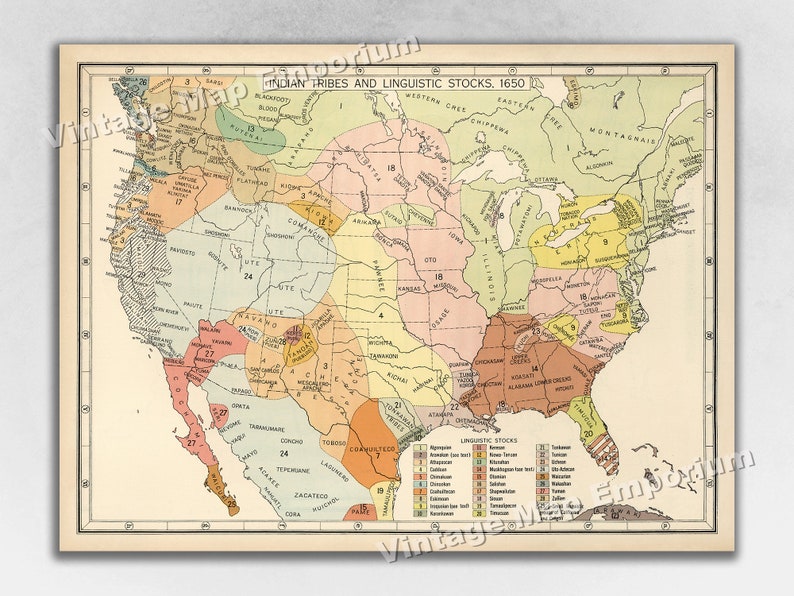 May include: A vintage map of North America showing the locations of different Native American tribes and their linguistic stocks in 1650. The map is color-coded to show the different language families. The map is titled "Indian Tribes and Linguistic Stocks, 1650".