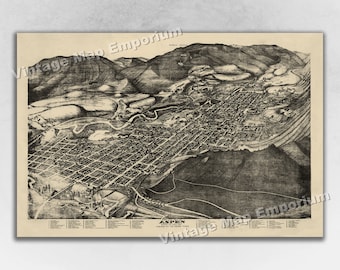 1893 Aspen, Colorado Map - Panoramic Old City Map - Historic Birds Eye View Vintage Map Art Print