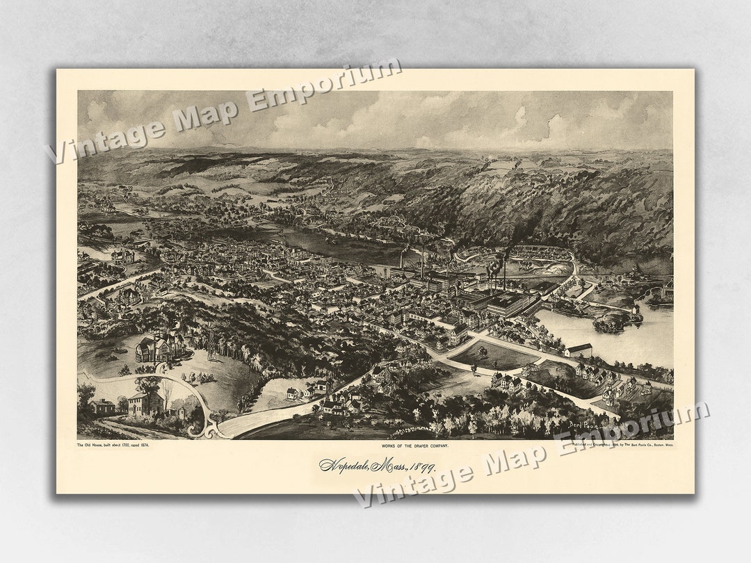 1899 Hopedale, Massachusetts Map Panoramic Old City Map Historic Birds