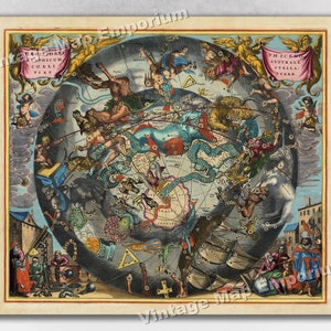 May include: A vintage celestial map with constellations depicted as animals and mythical creatures. The map is surrounded by a border of angels and cherubs. The text on the map reads "Firmamentum Coeleste First".