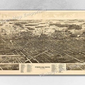 1889 Findlay, Ohio Mapa - Mapa panorámico de la ciudad vieja - Historic Birds Eye View Vintage Map Art Print