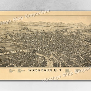 1884 Glens Falls, New York Map - Panoramic Old City Map - Historic Birds Eye View Vintage Map Art Print