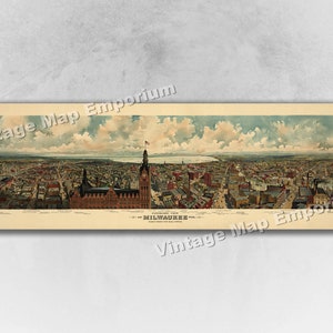 1898 Milwaukee, Wisconsin Map - Panoramic Old City Map - Historic Birds Eye View Vintage Map Art Print