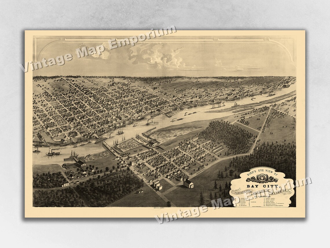 1867 Bay City Portsmouth Michigan Map Panoramic Old City Etsy