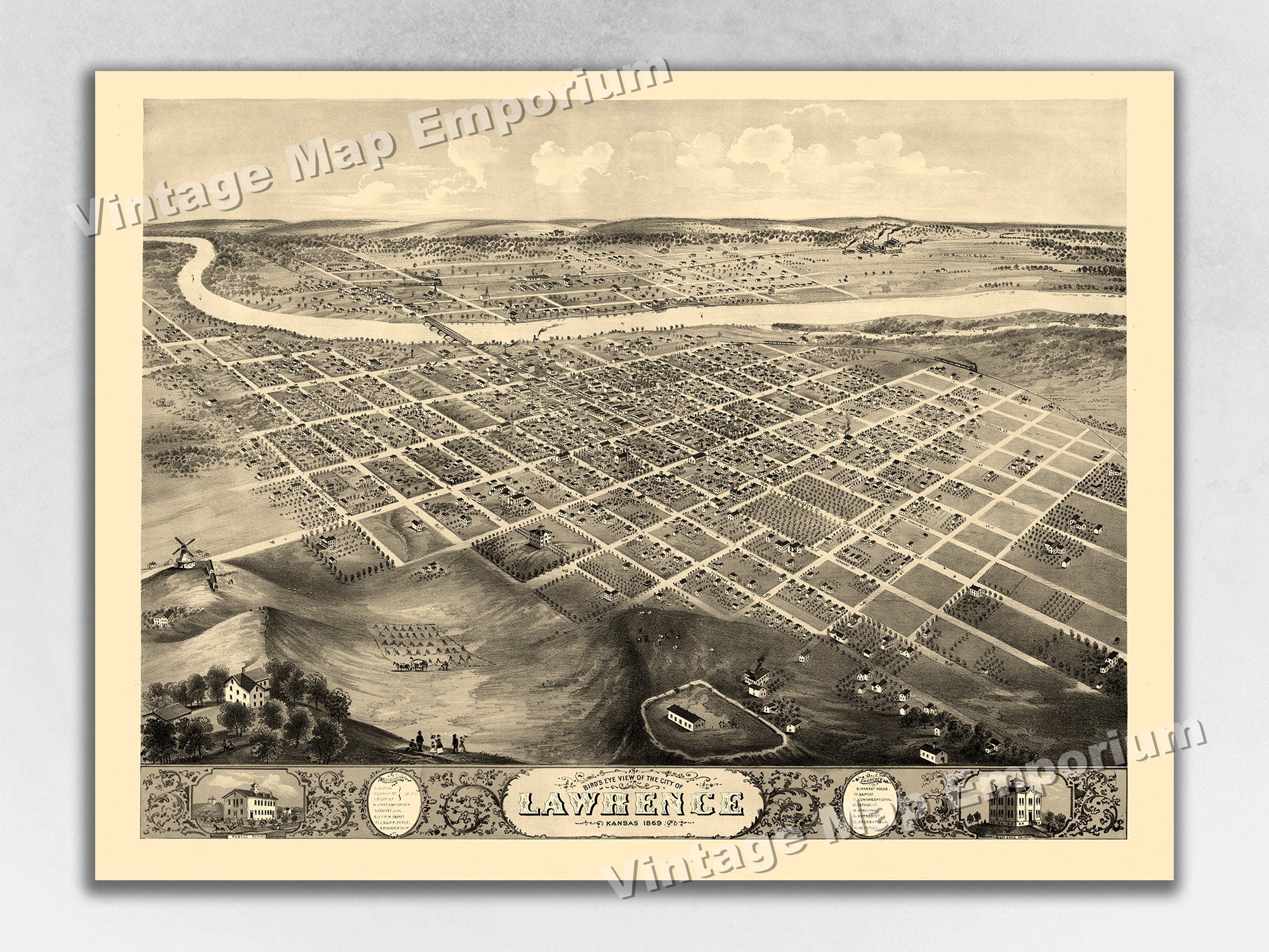 1869 Lawrence, Kansas Map - Panoramic Old City Map - Historic Birds Eye ...